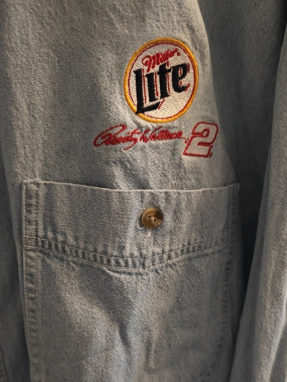 Denim Button-Down Shirt with Rusty Wallace Nascar Miller Lite Embroidered Logo